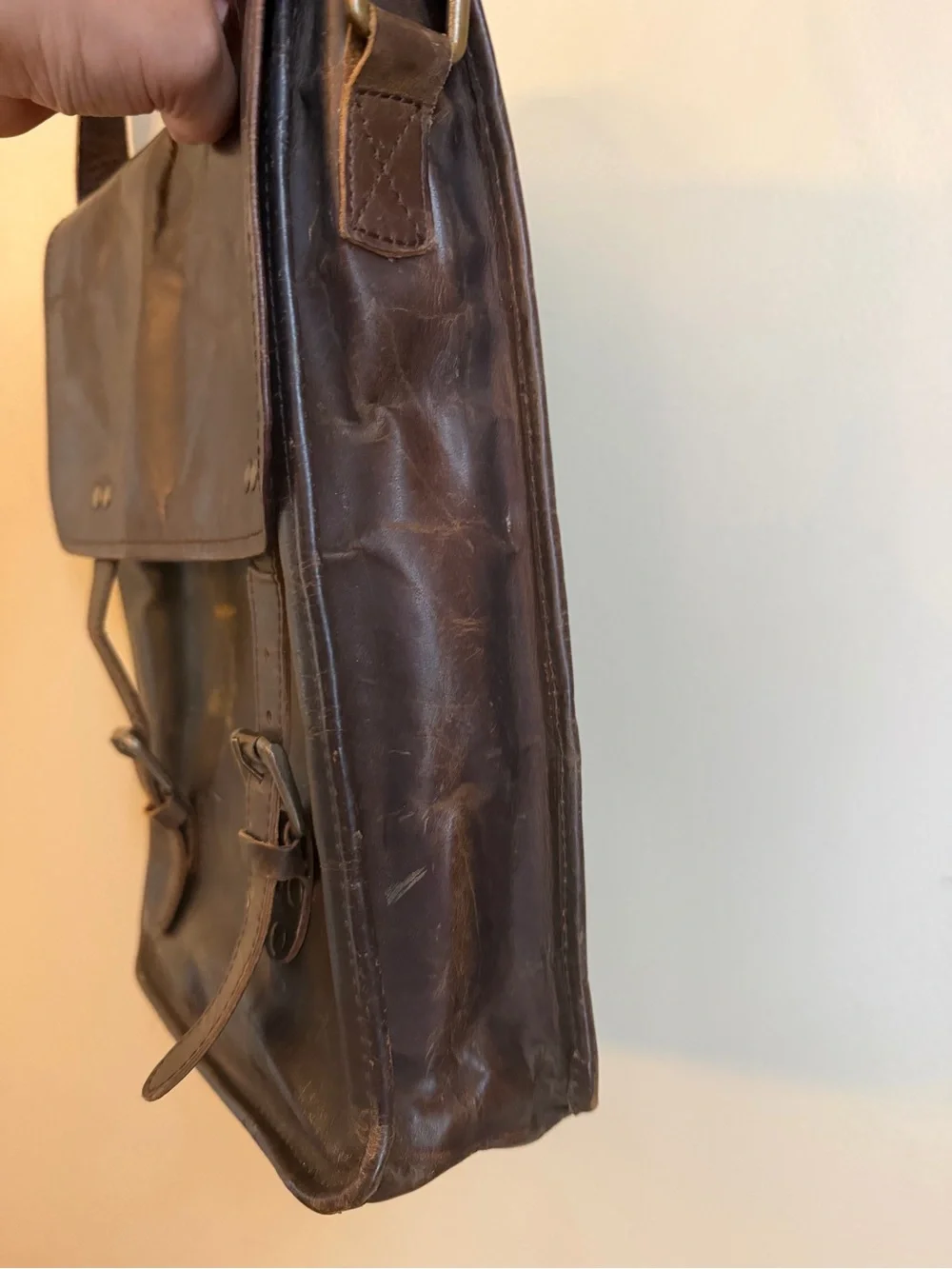 Vtg Waxed Leather Messenger Bag Crossbody Green Canvas Interior Brass Hardware